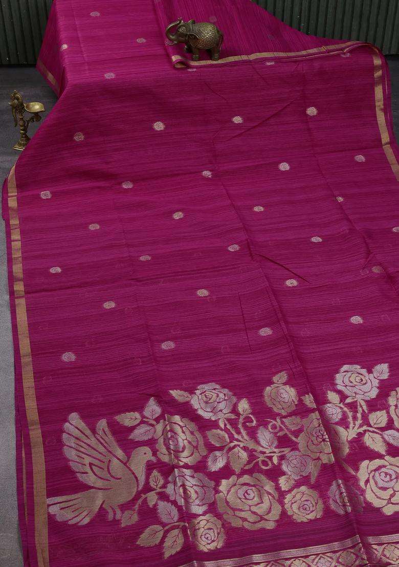 Pink Bhagalpuri Tussar Saree With Traditional Woven Design For Women - Indya