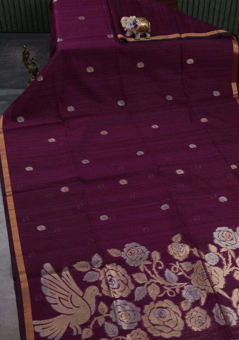 Wine Bhagalpuri Tussar Saree With Traditional Woven Design For Women - Indya