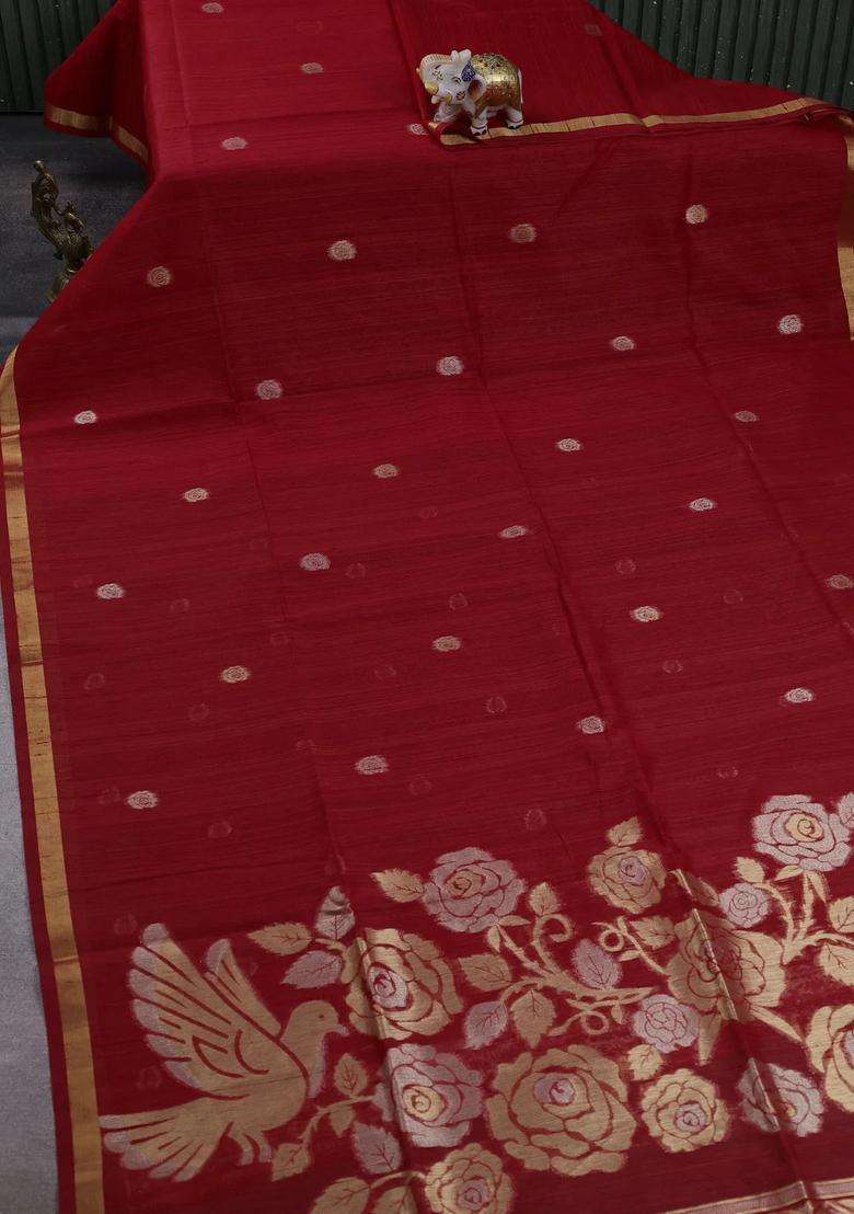 Red Bhagalpuri Tussar Saree With Traditional Woven Design For Women - Indya
