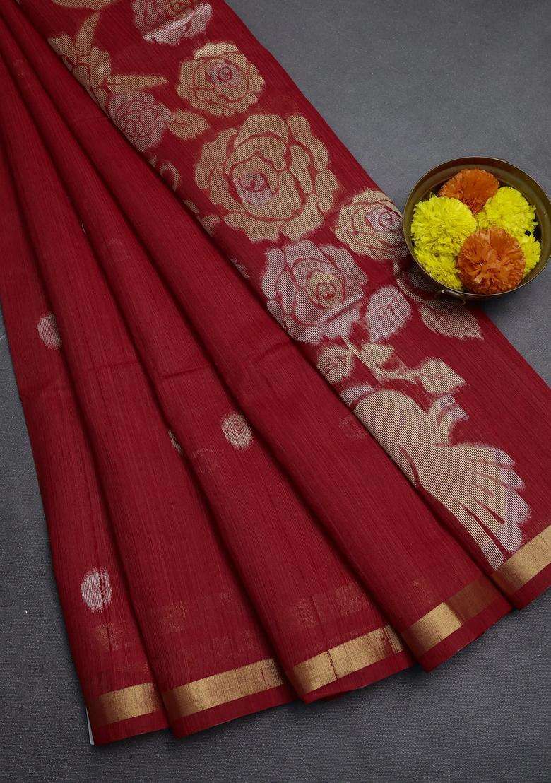 Red Bhagalpuri Tussar Saree With Traditional Woven Design For Women - Indya