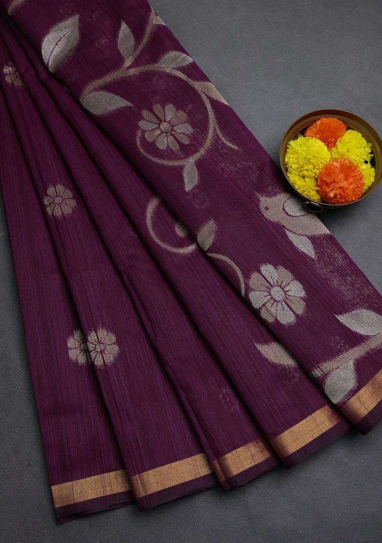 Wine Bhagalpuri Tussar Saree With Traditional Woven Design For Women - Indya