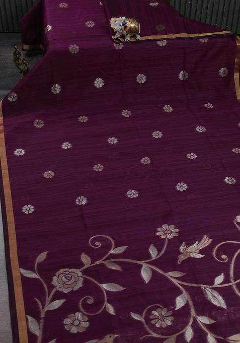 Wine Bhagalpuri Tussar Saree With Traditional Woven Design For Women