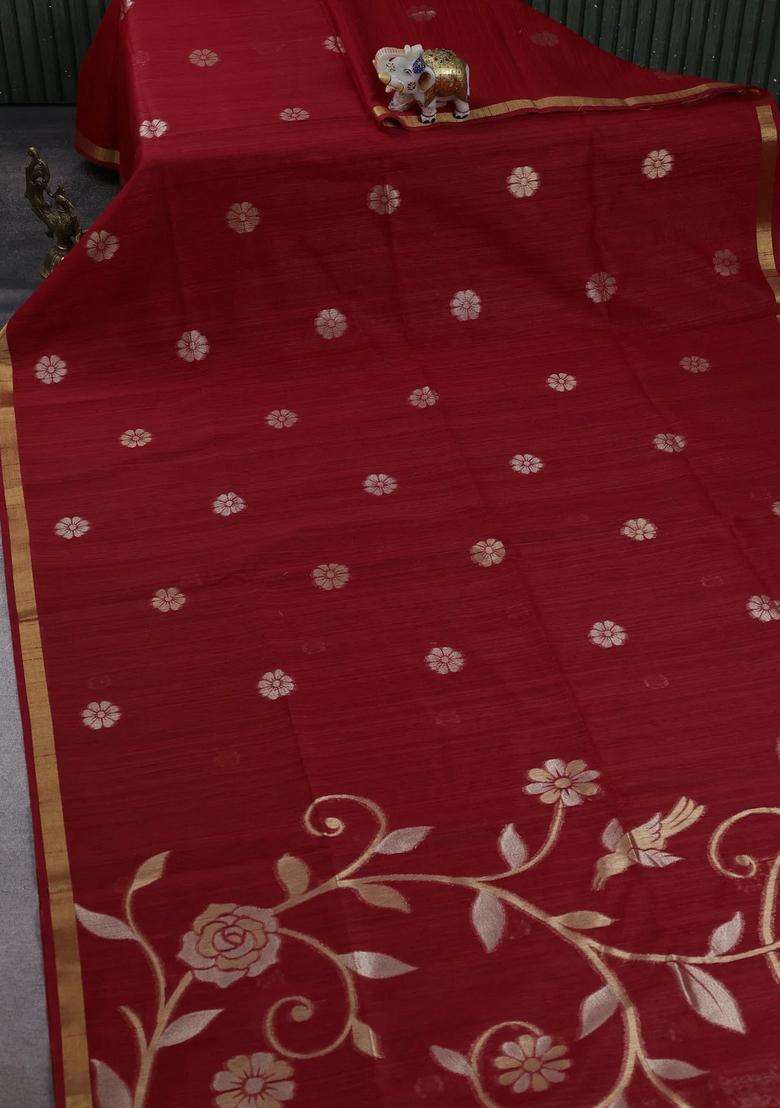Red Bhagalpuri Tussar Saree With Traditional Woven Design For Women - Indya