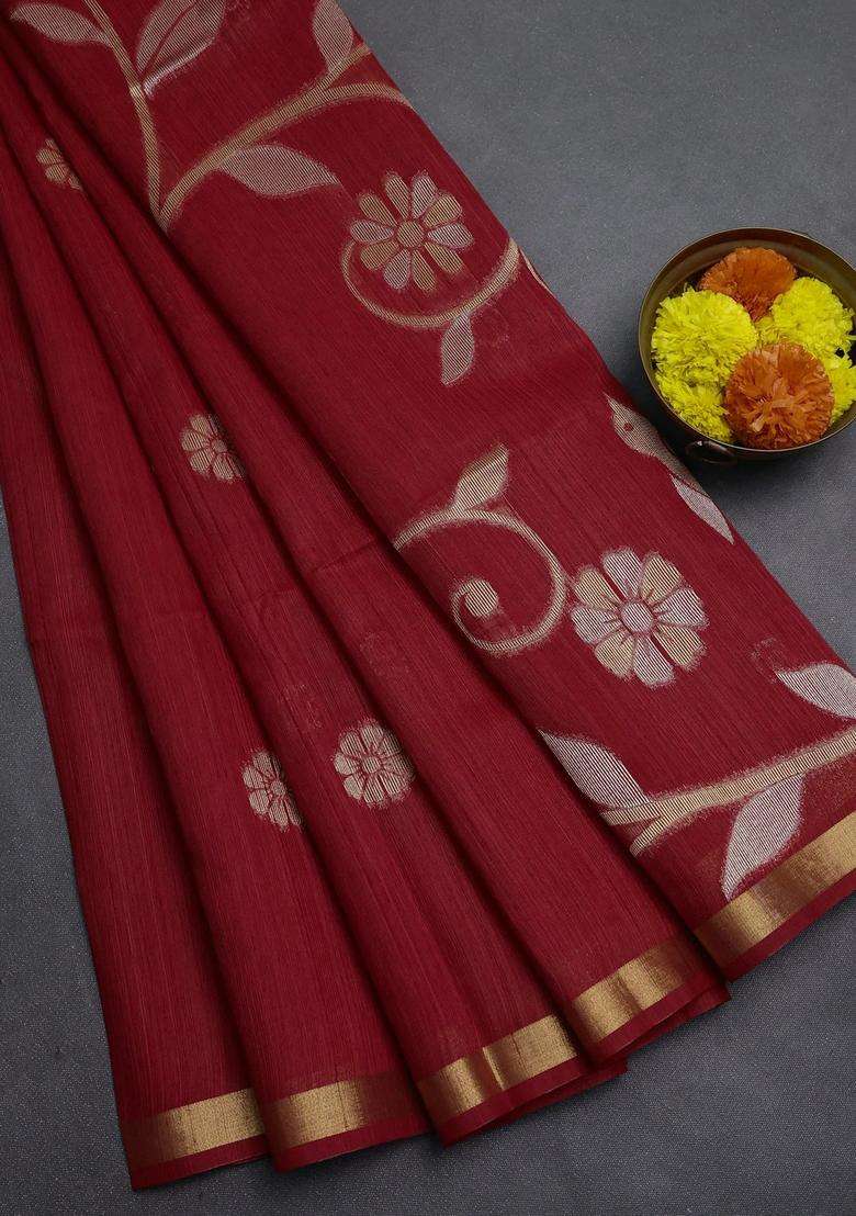 Red Bhagalpuri Tussar Saree With Traditional Woven Design For Women - Indya