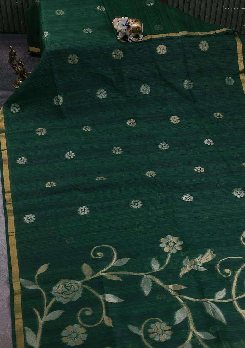 Green Bhagalpuri Tussar Saree With Traditional Woven Design For Women - Indya
