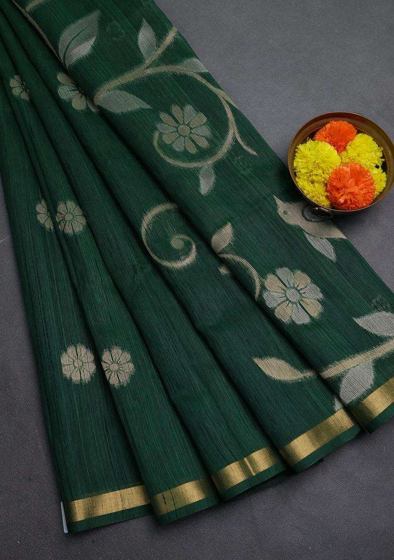Green Bhagalpuri Tussar Saree With Traditional Woven Design For Women - Indya