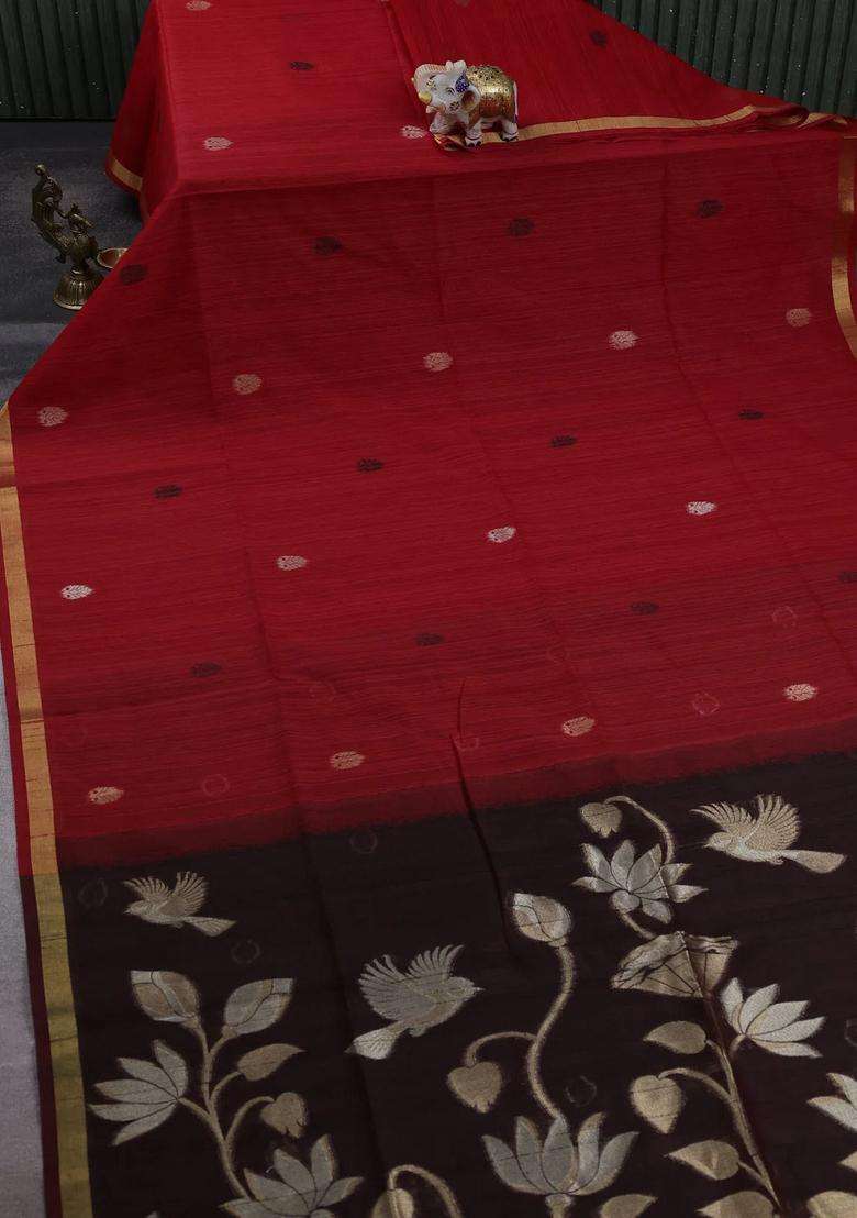 Red Maroon Bhagalpuri Tussar Saree With Traditional Woven Design For Women - Indya