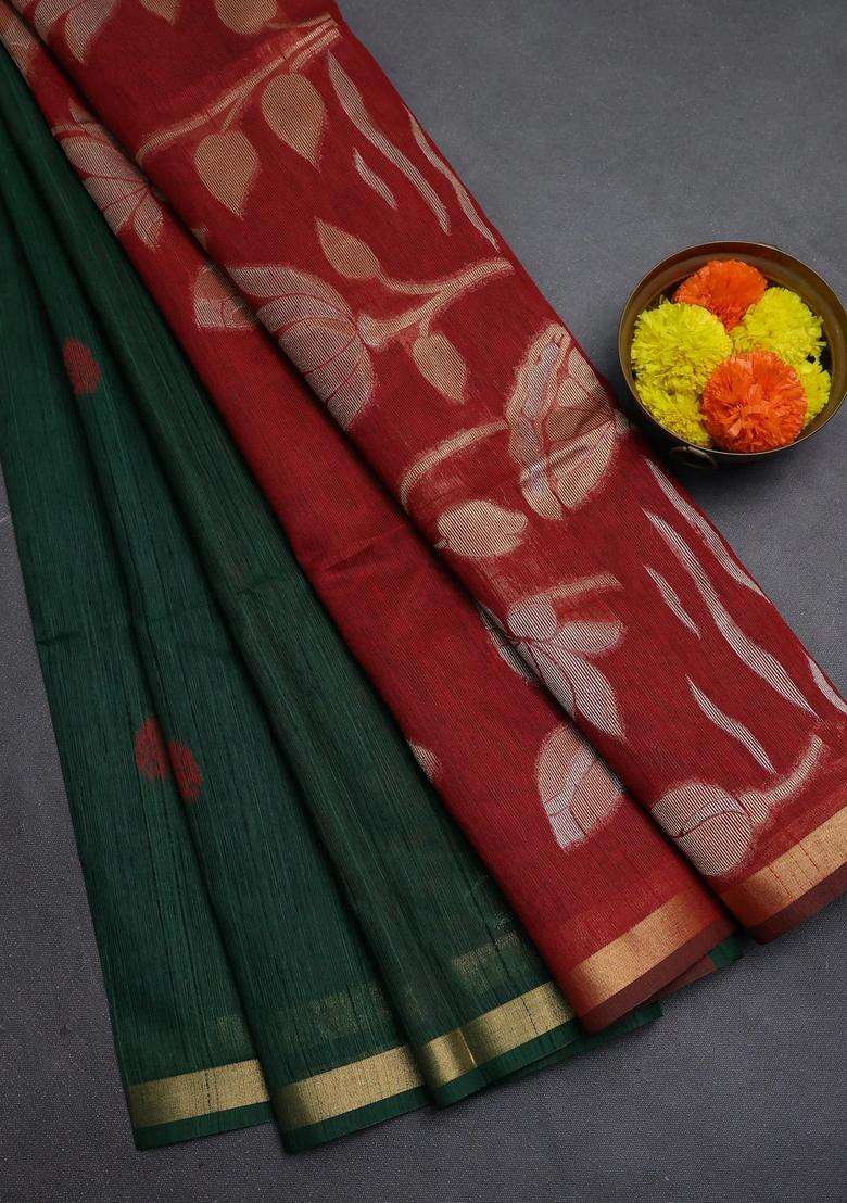 Green Maroon Bhagalpuri Tussar Saree With Traditional Woven Design For Women - Indya