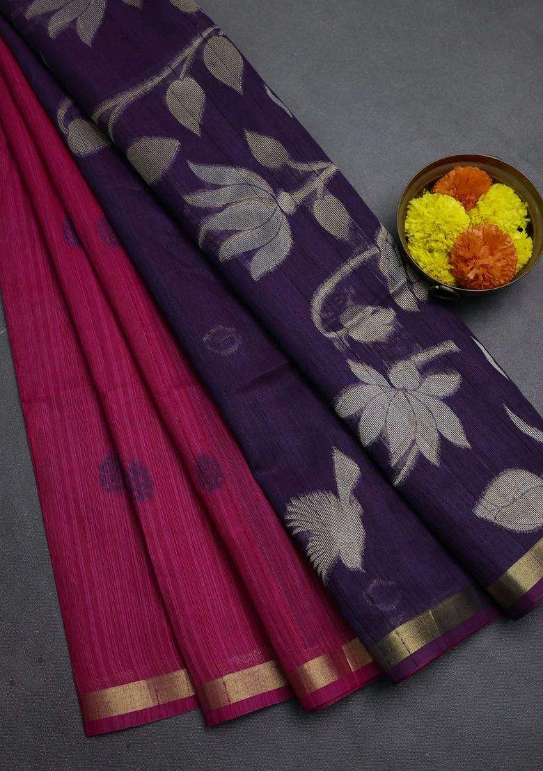 Pink Purple Bhagalpuri Tussar Saree With Traditional Woven Design For Women - Indya