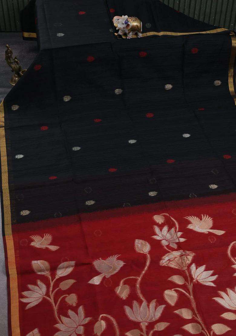Black Maroon Bhagalpuri Tussar Saree With Traditional Woven Design For Women - Indya