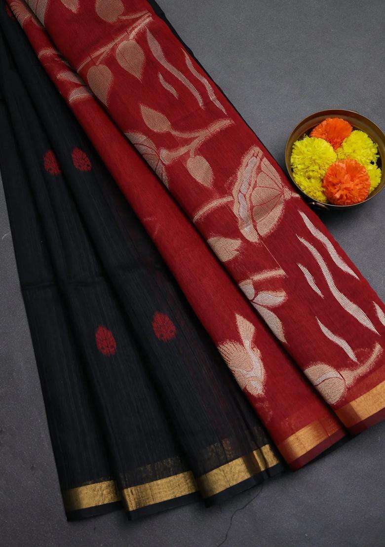 Black Maroon Bhagalpuri Tussar Saree With Traditional Woven Design For Women - Indya