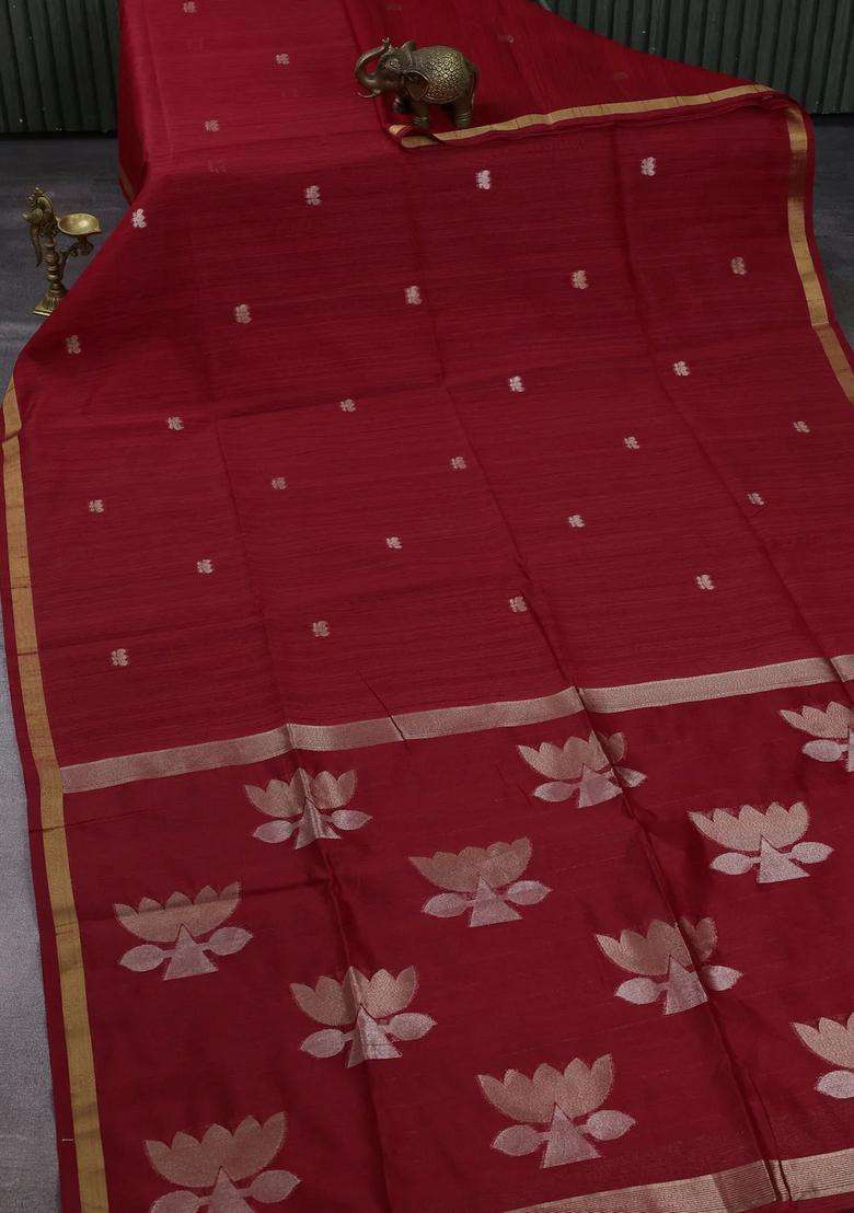 Red Bhagalpuri Tussar Saree With Traditional Woven Design For Women - Indya