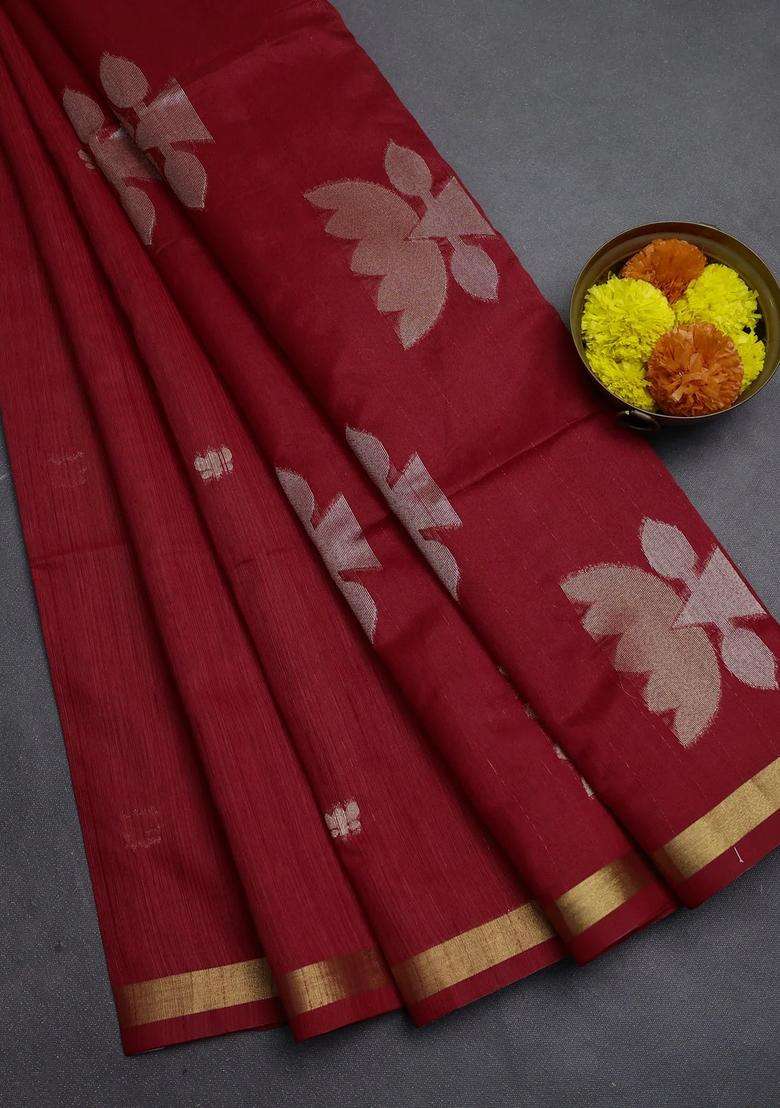 Red Bhagalpuri Tussar Saree With Traditional Woven Design For Women - Indya