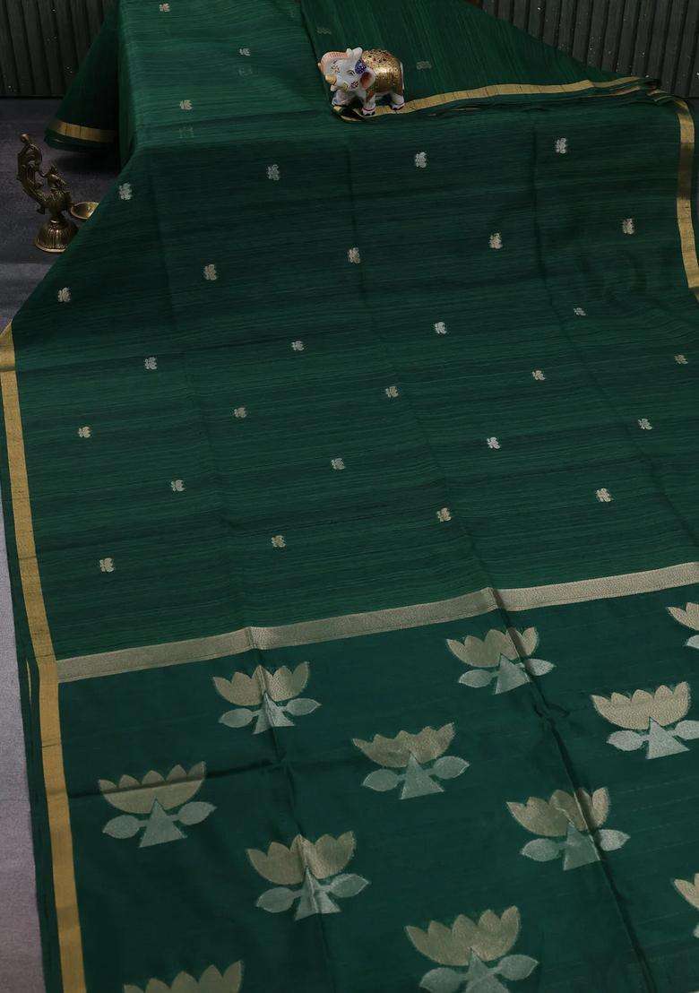 Green Bhagalpuri Tussar Saree With Traditional Woven Design For Women - Indya