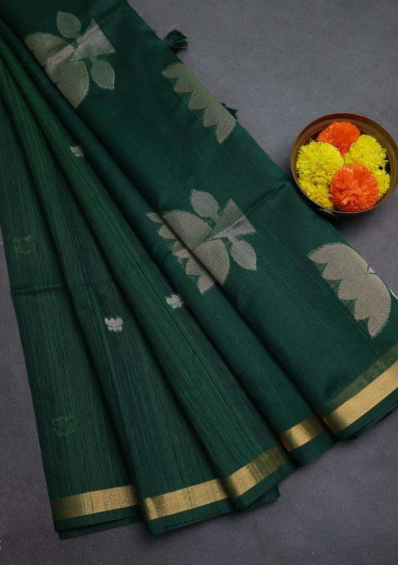 Green Bhagalpuri Tussar Saree With Traditional Woven Design For Women - Indya