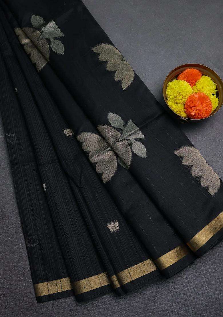 Black Bhagalpuri Tussar Saree With Traditional Woven Design For Women - Indya