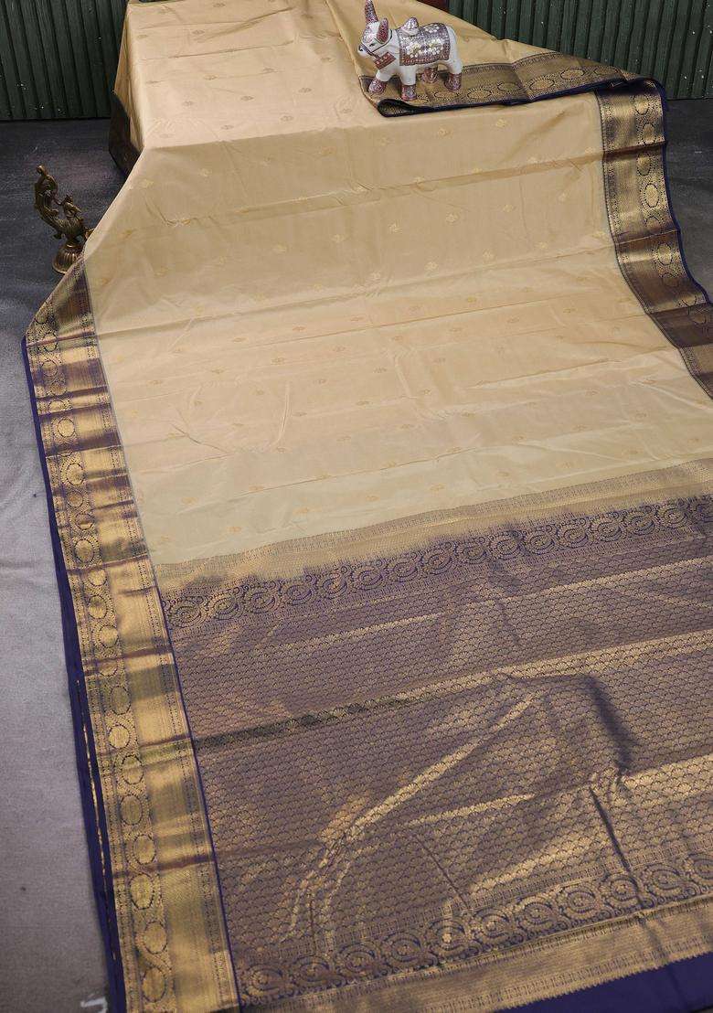 Beige Blue Bangalori Silk Buttas Saree With Buttas And Brocade Design For Women - Indya