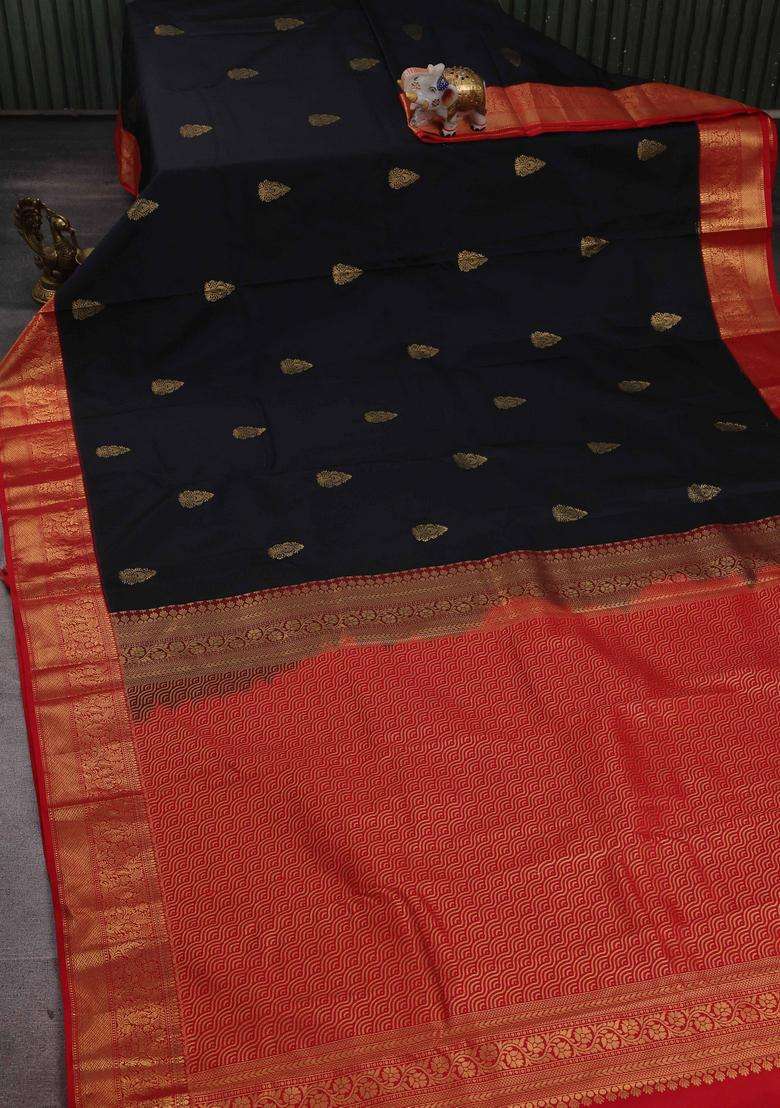 Black Red Bangalori Silk Buttas Saree With Buttas And Brocade Design For Women - Indya