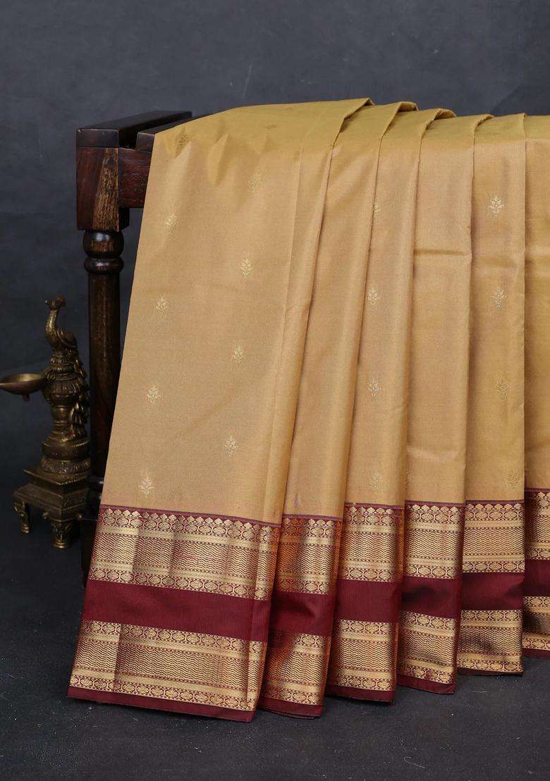 Beige Maroon Bangalori Silk Buttas Saree With Buttas And Brocade Design For Women - Indya