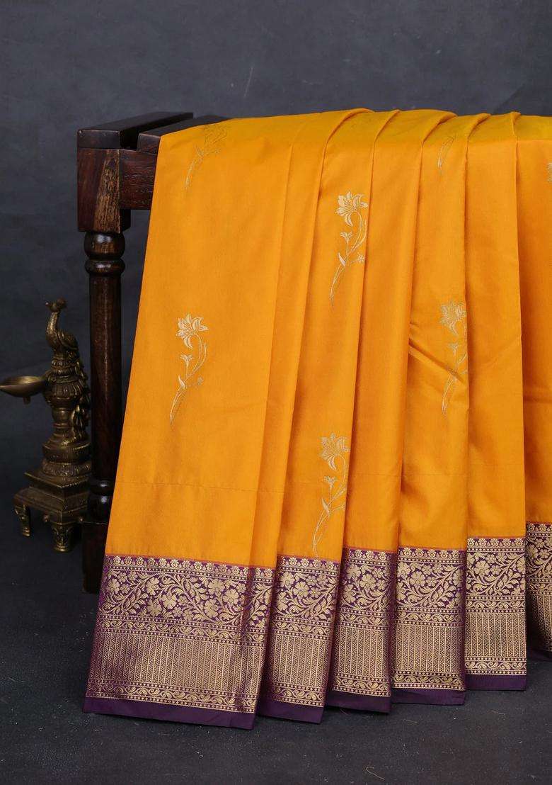 Yelllow Purple Bangalori Silk Buttas Saree With Buttas And Brocade Design For Women - Indya