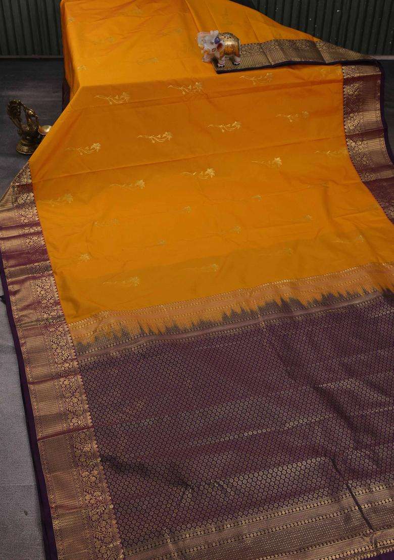 Yelllow Purple Bangalori Silk Buttas Saree With Buttas And Brocade Design For Women - Indya