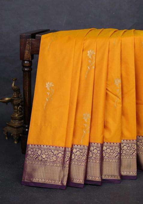 Yelllow Purple Bangalori Silk Buttas Saree With Buttas And Brocade Design For Women