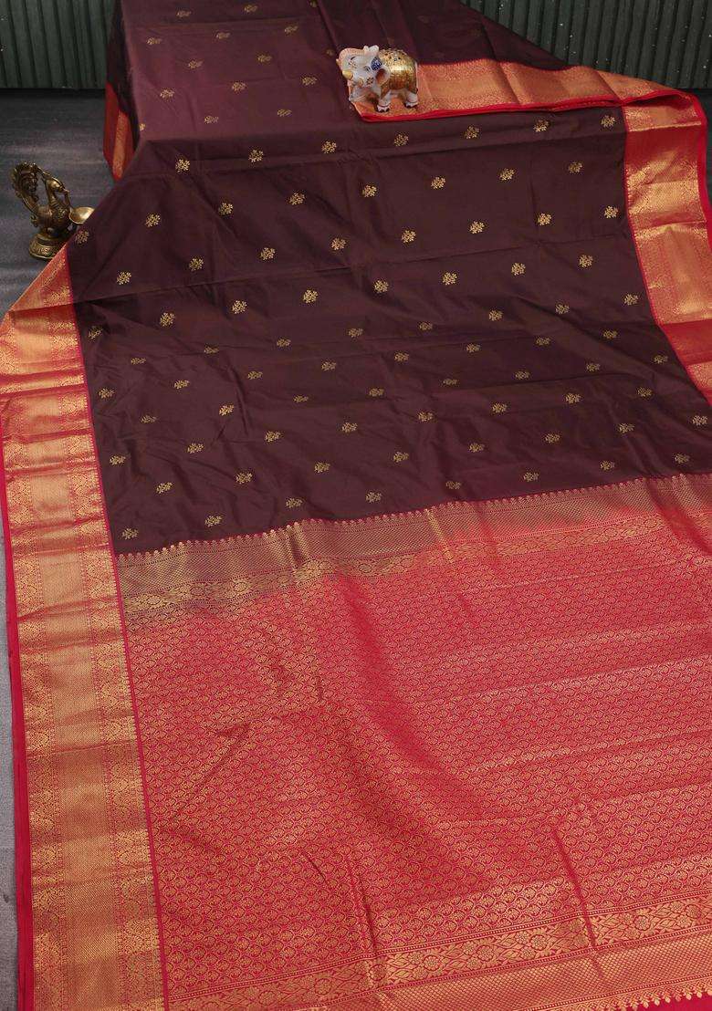 Coffee Brown Pink Bangalori Silk Buttas Saree With Buttas And Brocade Design For Women - Indya