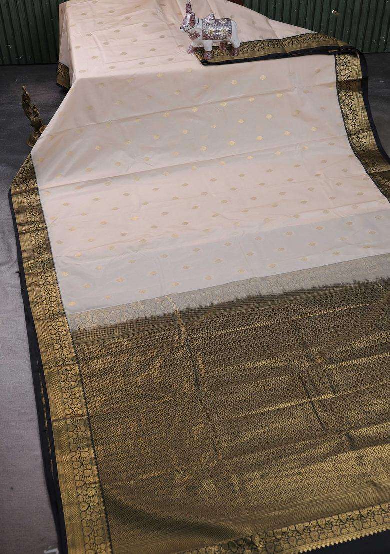 Beige Black Bangalori Silk Buttas Saree With Buttas And Brocade Design For Women - Indya