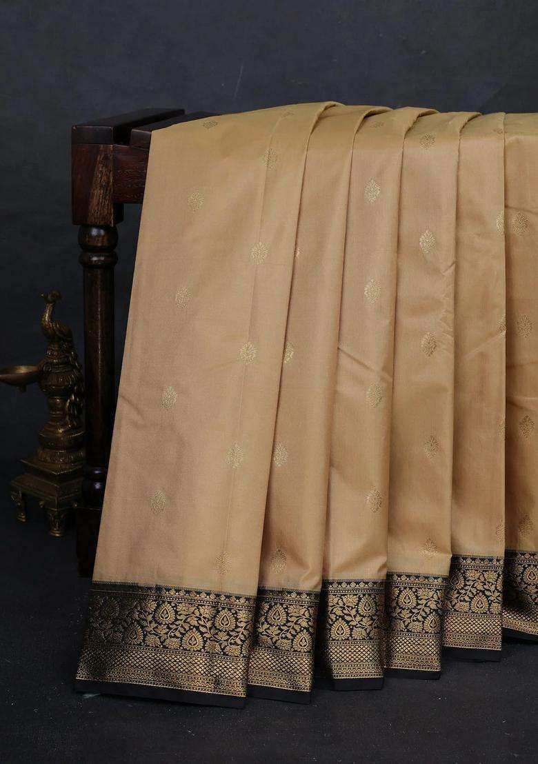 Beige Black Bangalori Silk Buttas Saree With Buttas And Brocade Design For Women - Indya