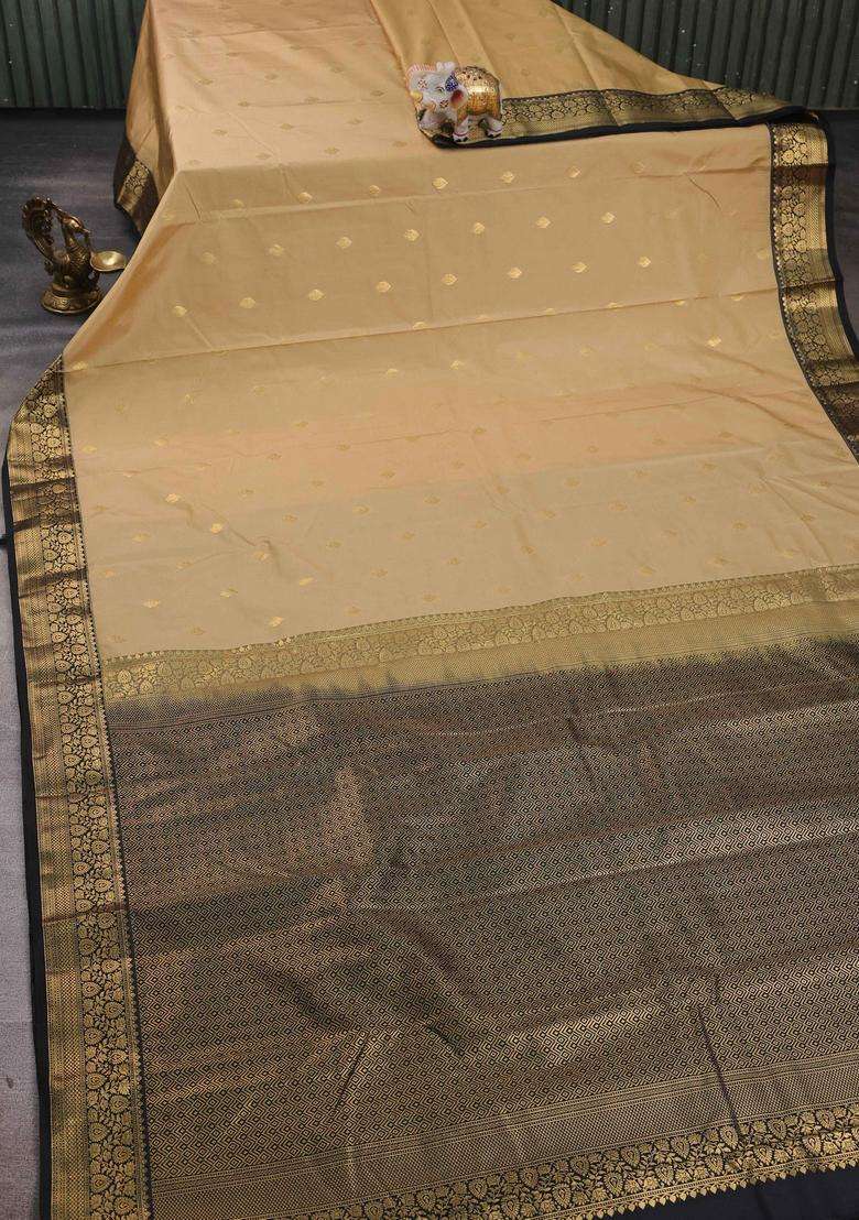 Beige Black Bangalori Silk Buttas Saree With Buttas And Brocade Design For Women - Indya