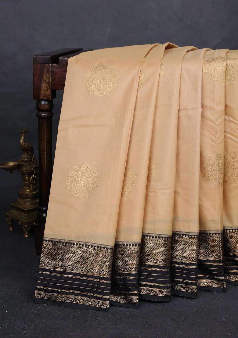 Beige Black Bangalori Silk Buttas Saree With Buttas And Brocade Design For Women - Indya