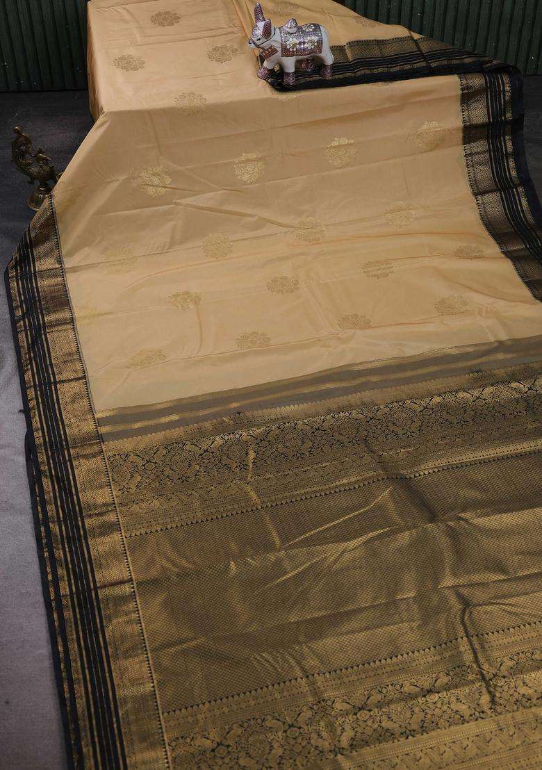 Beige Black Bangalori Silk Buttas Saree With Buttas And Brocade Design For Women - Indya