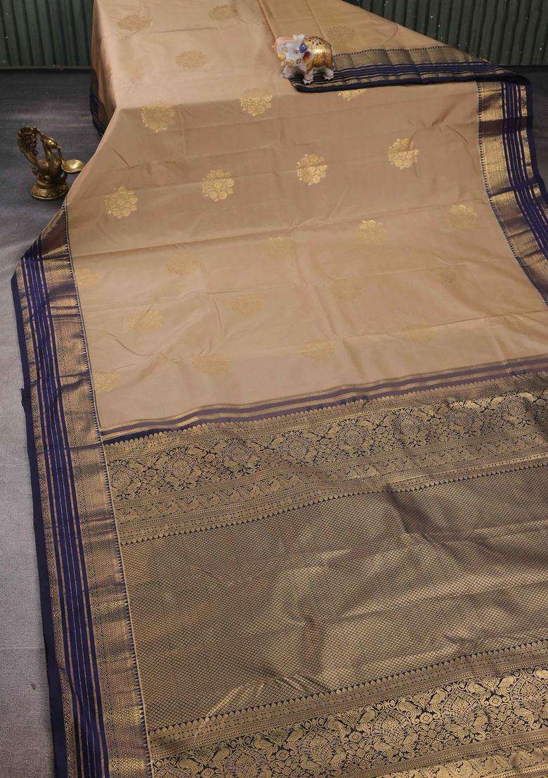 Beige Blue Bangalori Silk Buttas Saree With Buttas And Brocade Design For Women - Indya