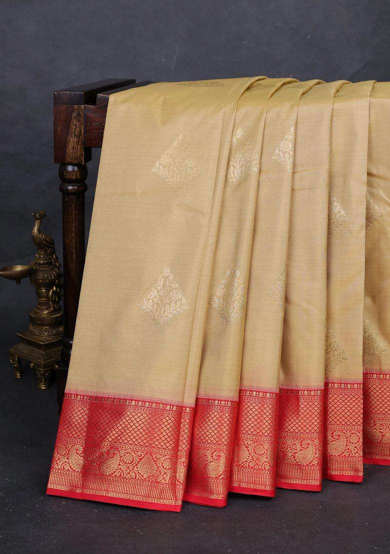 Beige Red Bangalori Silk Buttas Saree With Buttas And Brocade Design For Women - Indya