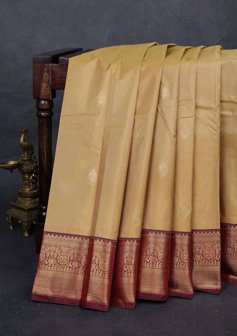 Beige Maroon Bangalori Silk Buttas Saree With Buttas And Brocade Design For Women - Indya