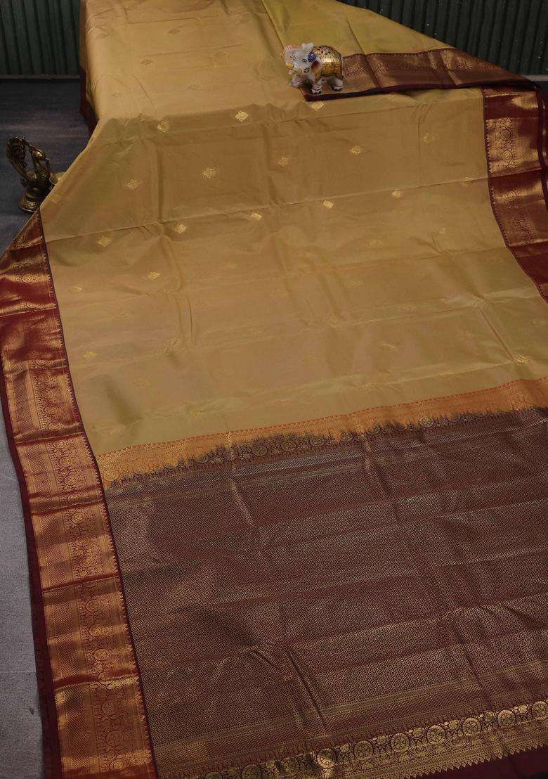 Beige Maroon Bangalori Silk Buttas Saree With Buttas And Brocade Design For Women - Indya