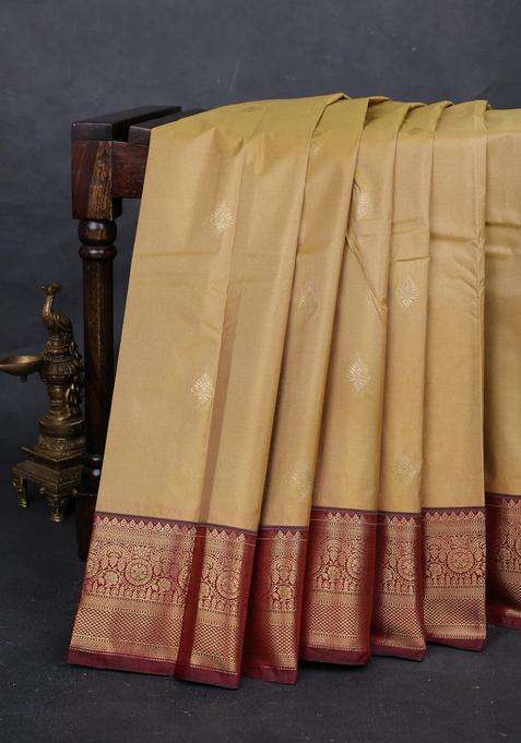 Beige Maroon Bangalori Silk Buttas Saree With Buttas And Brocade Design For Women