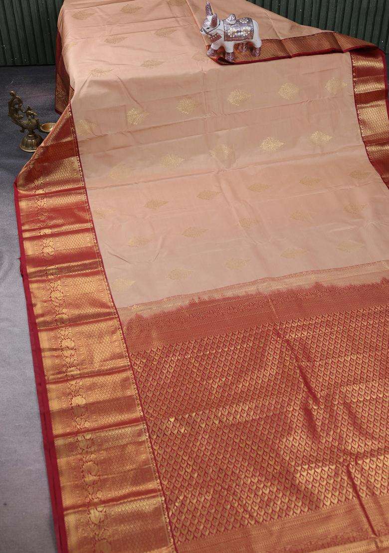 Beige Maroon Bangalori Silk Buttas Saree With Buttas And Brocade Design For Women - Indya