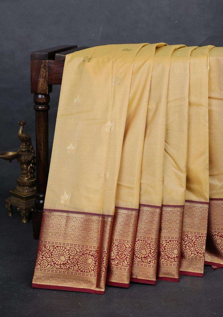 Beige Maroon Bangalori Silk Buttas Saree With Buttas And Brocade Design For Women - Indya