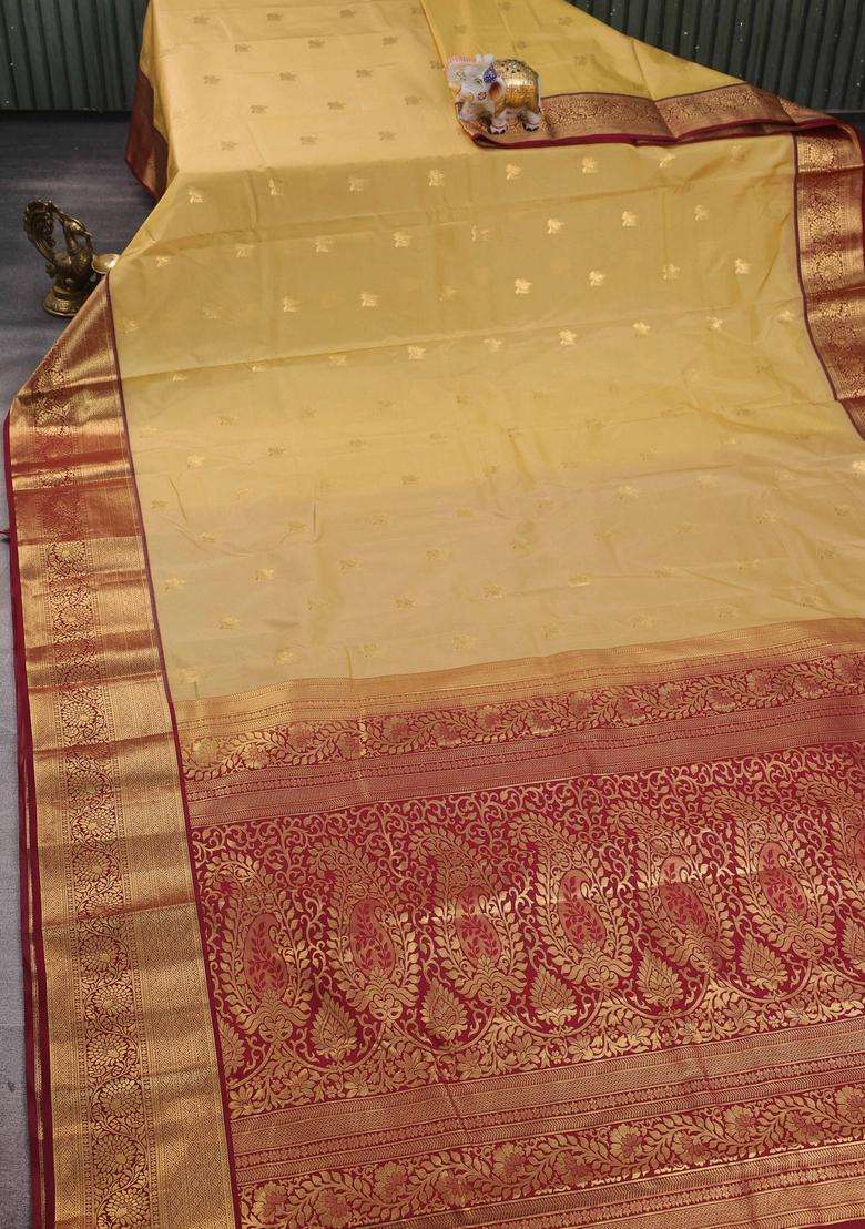 Beige Maroon Bangalori Silk Buttas Saree With Buttas And Brocade Design For Women - Indya