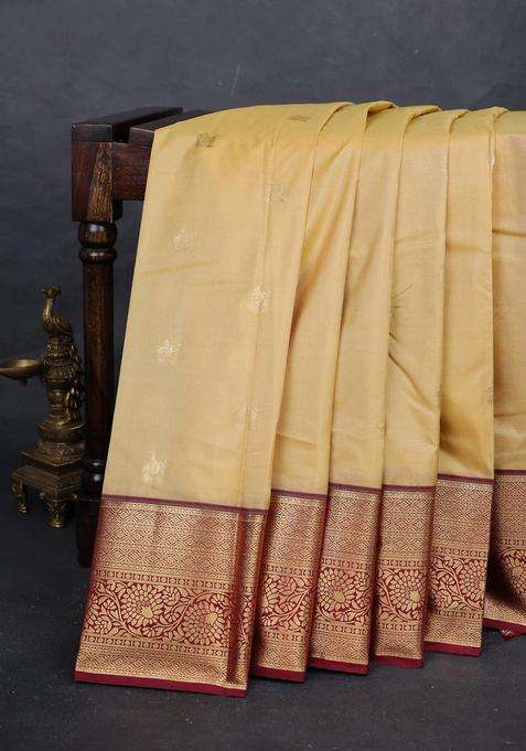 Beige Maroon Bangalori Silk Buttas Saree With Buttas And Brocade Design For Women