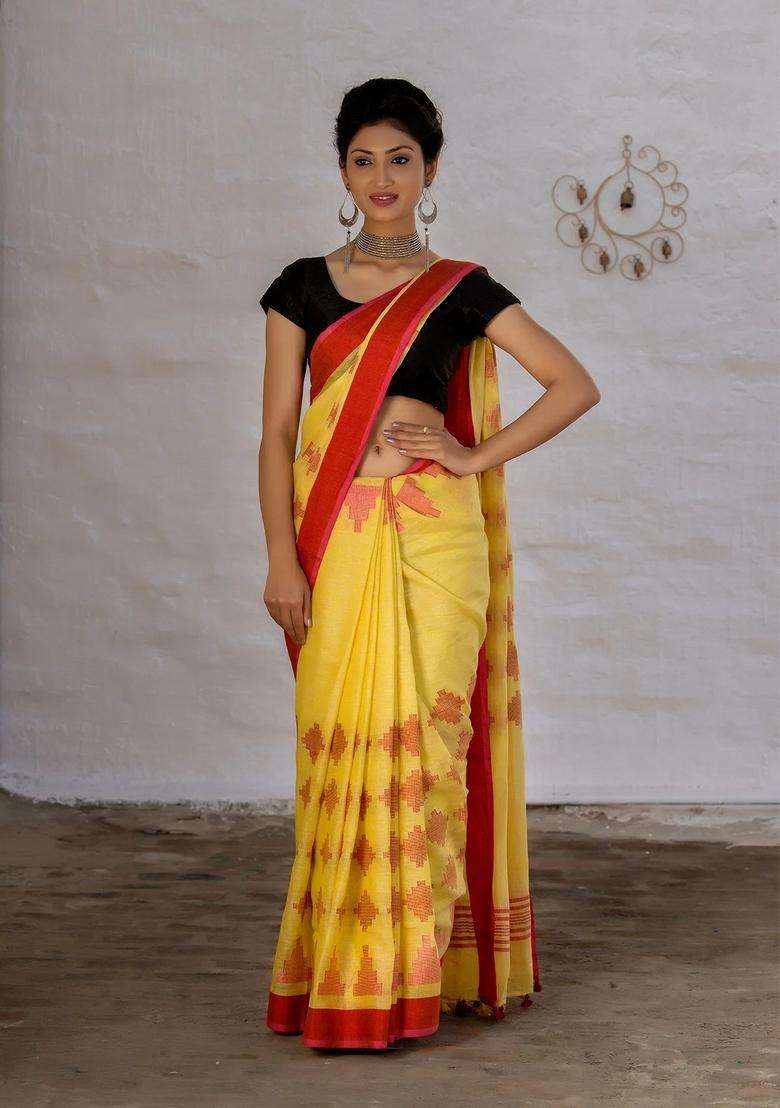 Yellow And Red Pure Linen Saree With Traditional Woven Design For Women - Indya