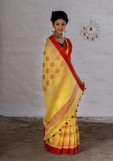 Yellow And Red Pure Linen Saree With Traditional Woven Design For Women