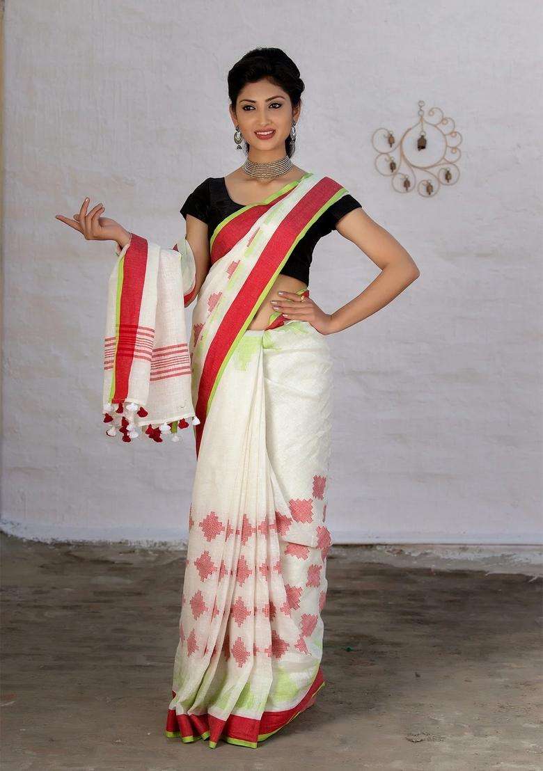 White And Red Pure Linen Saree With Traditional Woven Design For Women - Indya