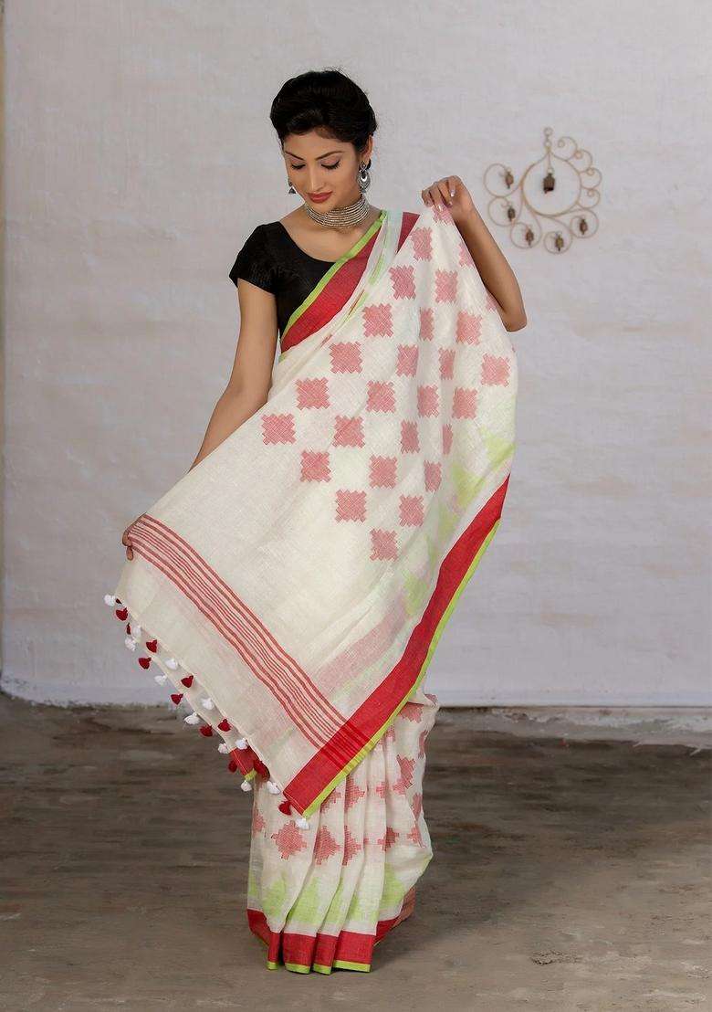 White And Red Pure Linen Saree With Traditional Woven Design For Women - Indya