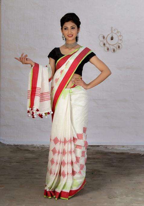 White And Red Pure Linen Saree With Traditional Woven Design For Women