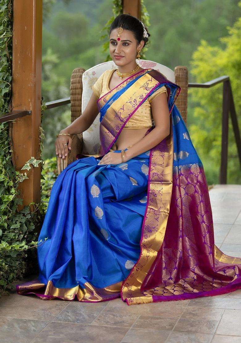 Cerulean Blue With Purple Pallu And Border Soft Silk Saree With Traditional Woven Design For Women - Indya