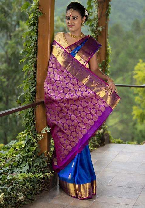 Cerulean Blue With Purple Pallu And Border Soft Silk Saree With Traditional Woven Design For Women