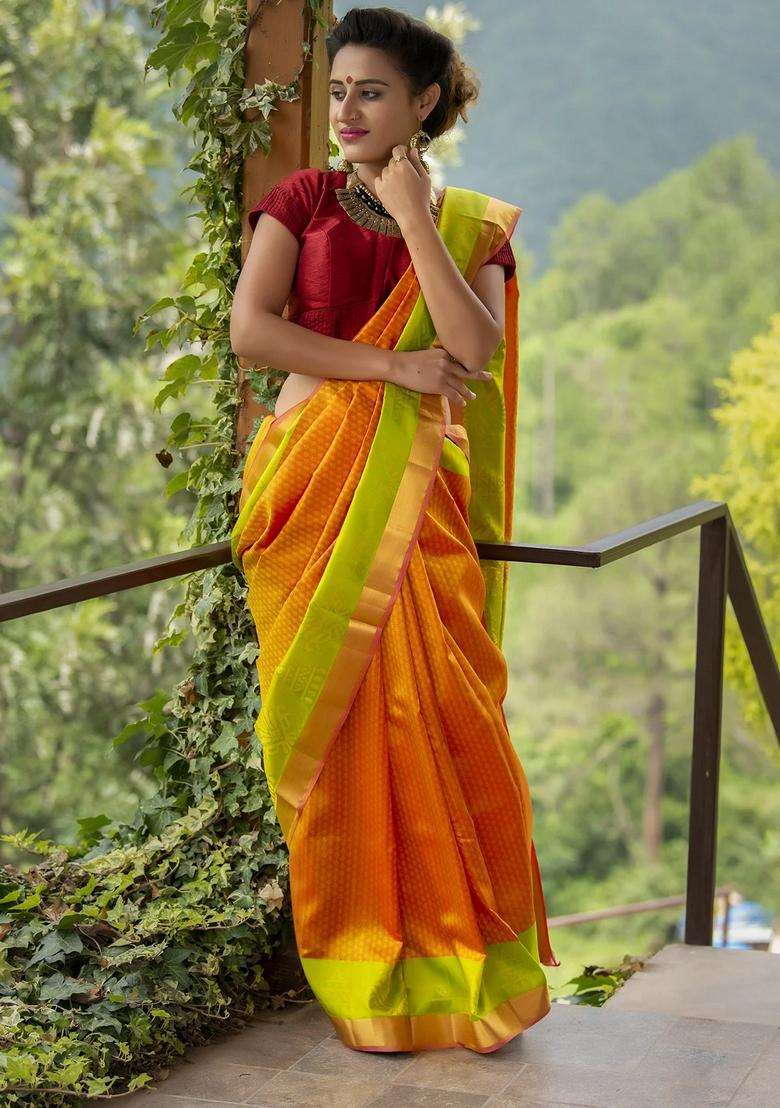 Gold Yellow And Green Pure Silk Jacquard Saree With Traditional Woven Design For Women - Indya