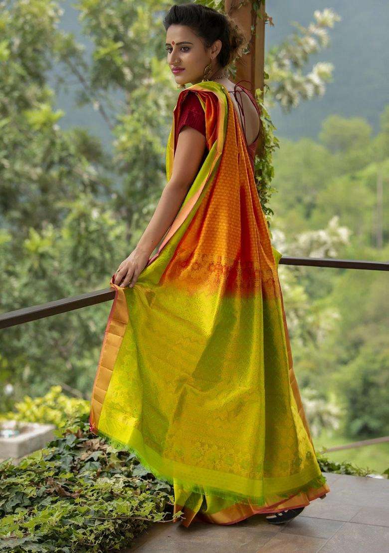 Gold Yellow And Green Pure Silk Jacquard Saree With Traditional Woven Design For Women - Indya